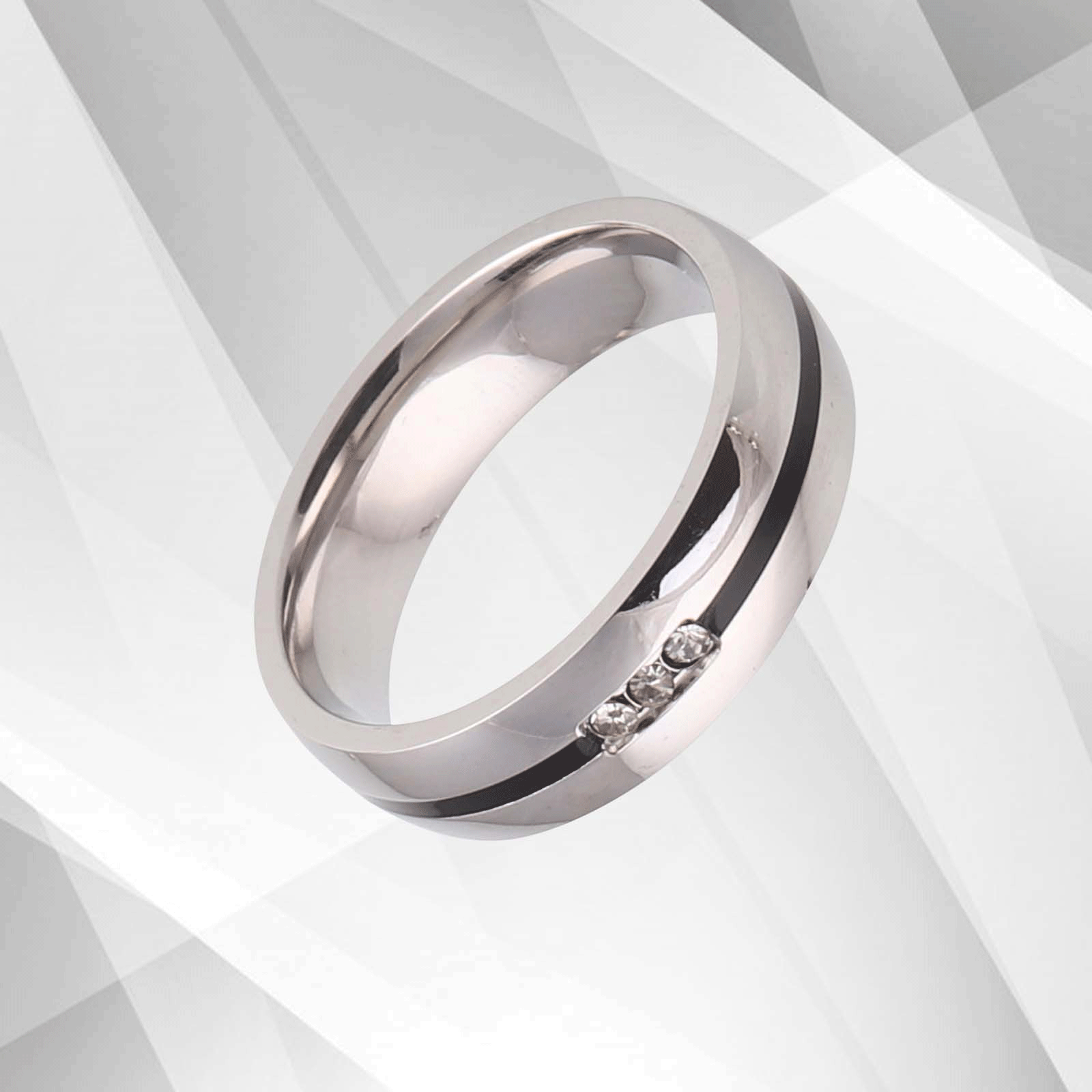 6mm wide titanium ring featuring three sparkling 0.35Ct CZ diamonds with an 18Ct white gold finish, designed for comfort and elegance.