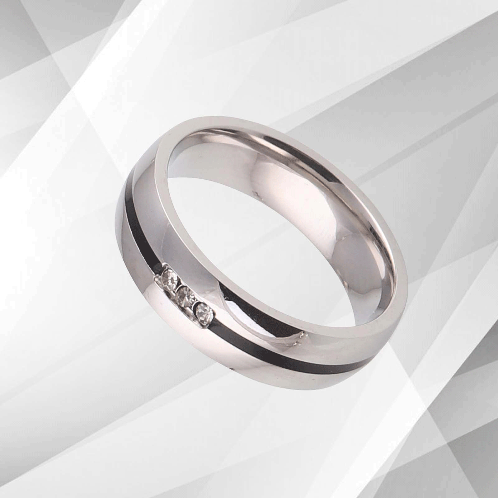 6mm wide titanium ring featuring three sparkling 0.35Ct CZ diamonds with an 18Ct white gold finish, designed for comfort and elegance.