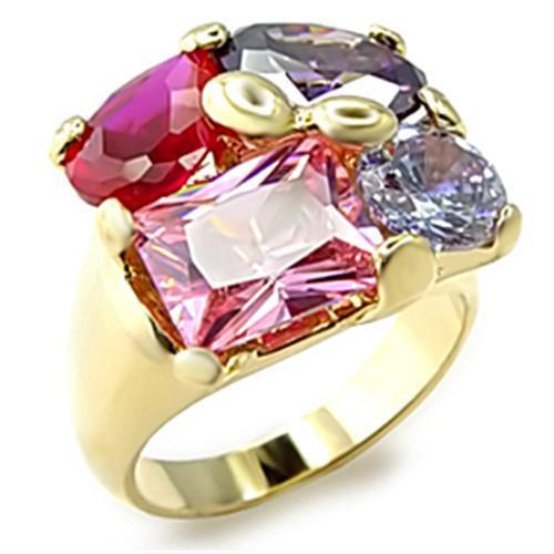 6X013 Gold Brass Ring featuring a vibrant multi-color AAA Grade CZ stone, elegantly designed for any occasion.