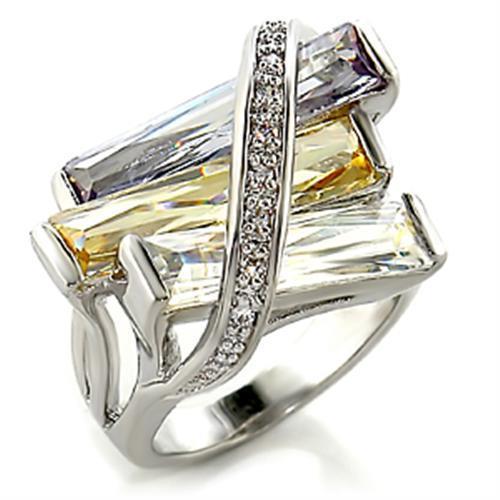 6X016 Rhodium Brass Ring featuring a vibrant multi-color AAA Grade CZ stone, elegantly designed for style and comfort.