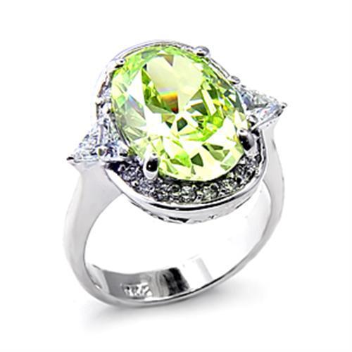 6X187 Rhodium 925 Sterling Silver Ring featuring AAA Grade CZ stones in vibrant Apple Green color, showcasing its elegant design.