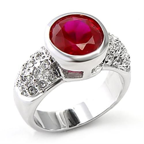 6X223 Rhodium Brass Ring featuring a vibrant synthetic garnet in ruby color, showcasing its elegant design and 10 mm center stone.