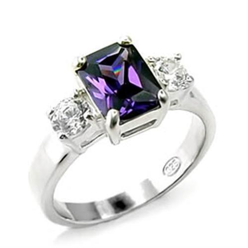 6X244 High-Polished 925 Sterling Silver Ring featuring an AAA Grade CZ center stone in Amethyst color, showcasing its elegant design.