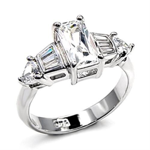 Elegant 6X511 Rhodium 925 Sterling Silver Ring featuring AAA grade clear CZ stone, showcasing its polished finish and modern design.