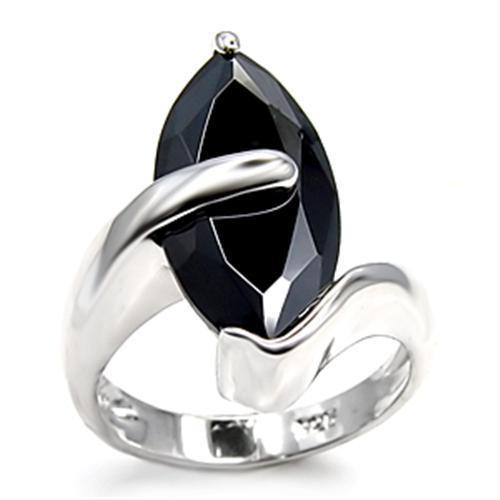 Elegant 6X517 Rhodium 925 Sterling Silver Ring featuring a stunning AAA Grade CZ stone in jet color, showcasing its exquisite design.