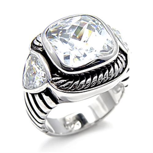 6X522 Rhodium 925 Sterling Silver Ring featuring AAA Grade clear CZ stones, showcasing its elegant design and shine.