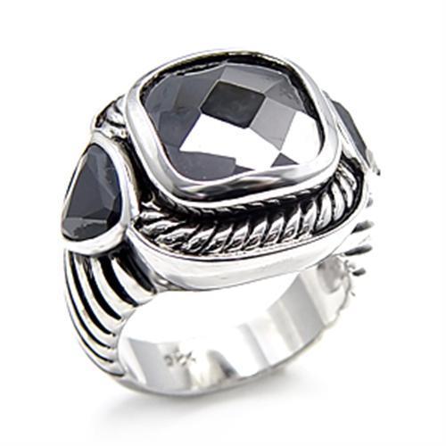 6X523 Rhodium 925 Sterling Silver Ring featuring AAA Grade CZ stones in jet color, showcasing its elegant design and shine.