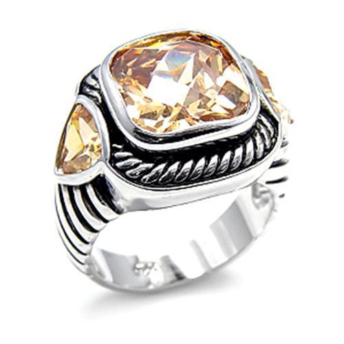 6X525 Rhodium 925 Sterling Silver Ring featuring AAA Grade champagne CZ stones, showcasing its elegant design and shine.