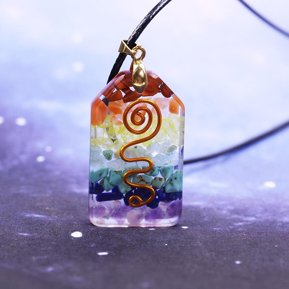 7 Chakra Crystal Stone Necklace featuring a colorful orgonite pendant with geometric design, made from resin and zinc alloy.