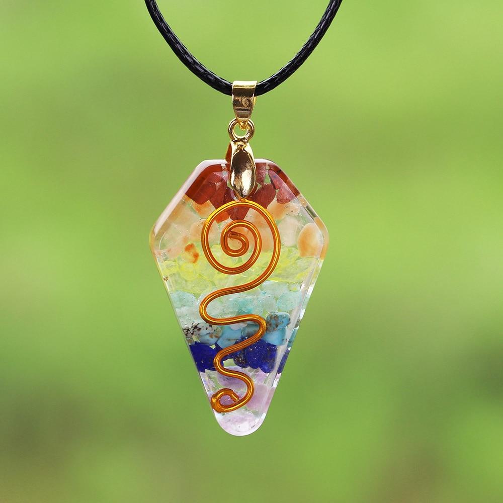 7 Chakra Crystal Stone Necklace featuring a colorful orgonite pendant with geometric design, made from resin and zinc alloy.