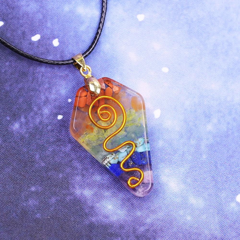 7 Chakra Crystal Stone Necklace featuring a colorful orgonite pendant with geometric design, made from resin and zinc alloy.