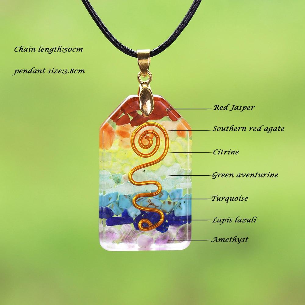 7 Chakra Crystal Stone Necklace featuring a colorful orgonite pendant with geometric design, made from resin and zinc alloy.