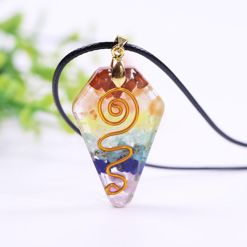 7 Chakra Crystal Stone Necklace featuring a colorful orgonite pendant with geometric design, made from resin and zinc alloy.