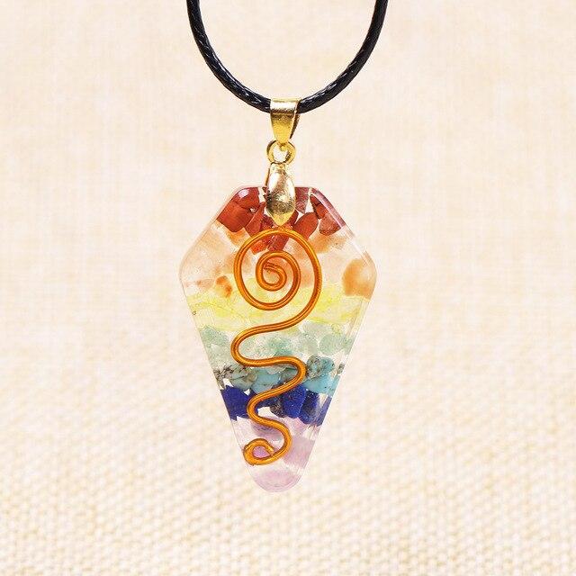 7 Chakra Crystal Stone Necklace featuring a colorful orgonite pendant with geometric design, made from resin and zinc alloy.