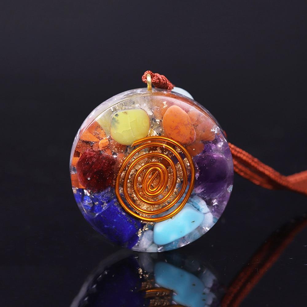 7 Chakra Orgone energy pendant necklace featuring healing stones and geometric design, ideal for EMF protection and meditation.