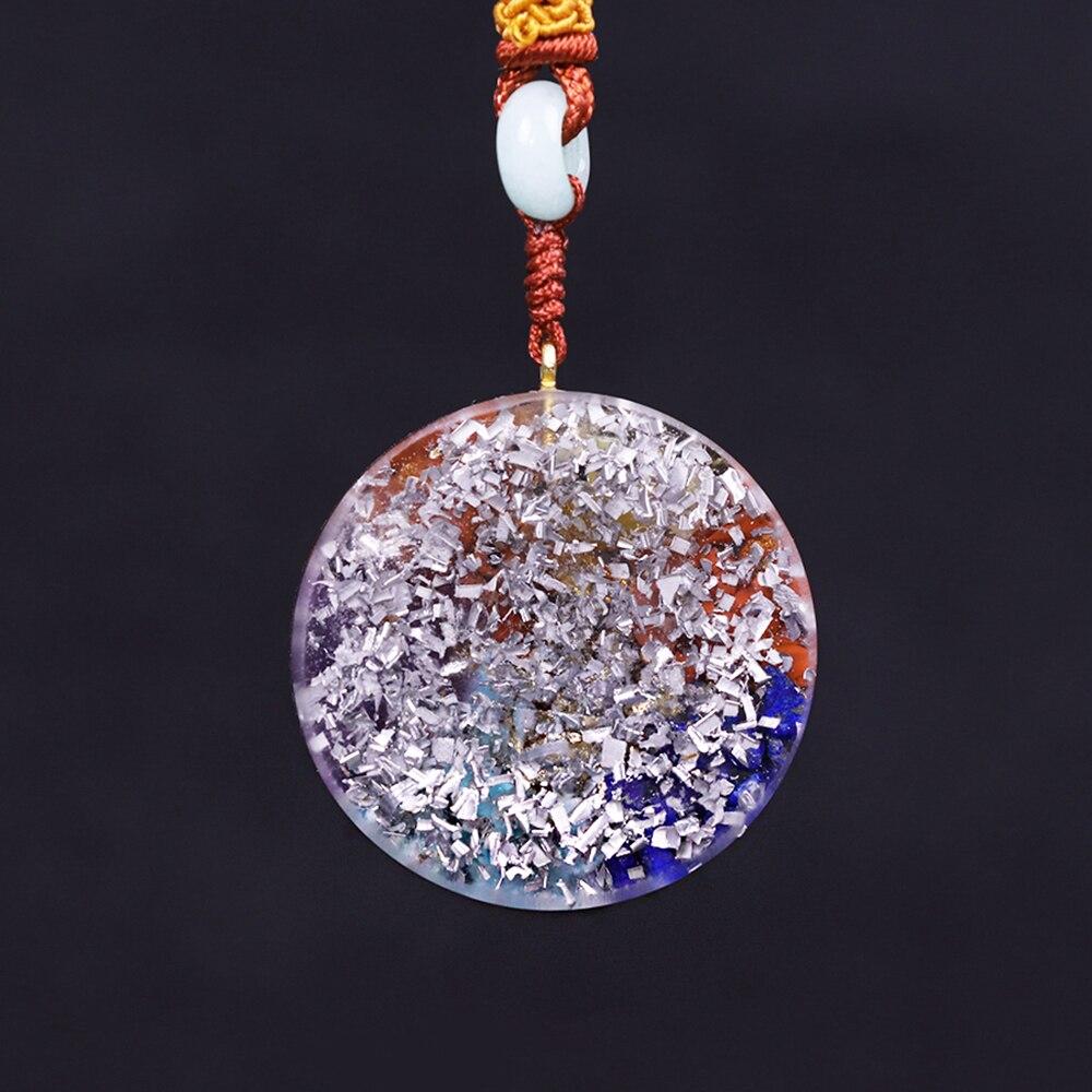 7 Chakra Orgone energy pendant necklace featuring healing stones and geometric design, ideal for EMF protection and meditation.