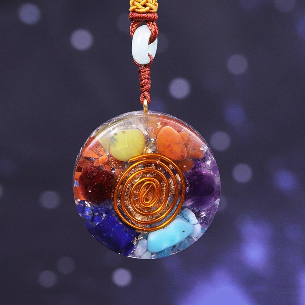 7 Chakra Orgone energy pendant necklace featuring healing stones and geometric design, ideal for EMF protection and meditation.