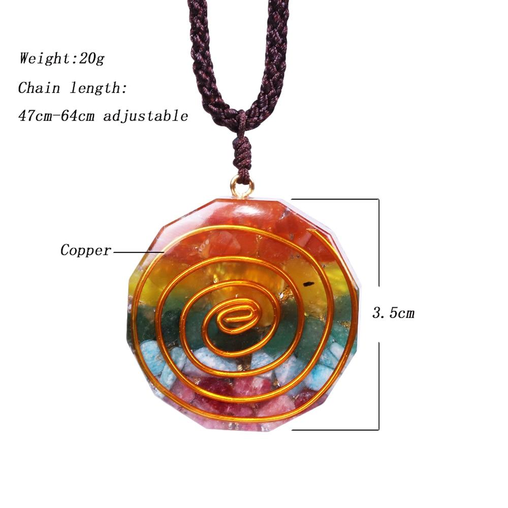 Colorful 7 Chakra Orgone Pendant Necklace featuring tumbled stones and geometric design, perfect for energy healing.