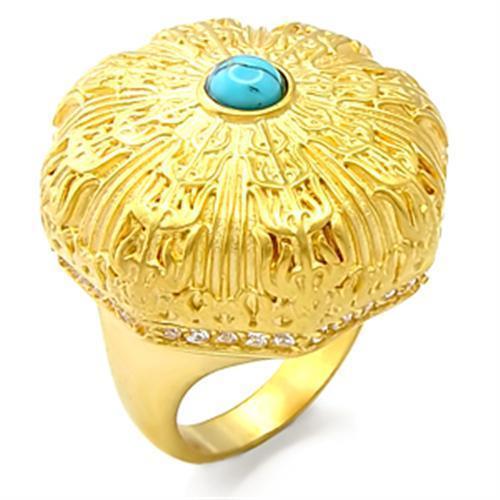 Gold brass ring featuring a vibrant sea blue synthetic turquoise stone, elegantly designed for everyday wear.