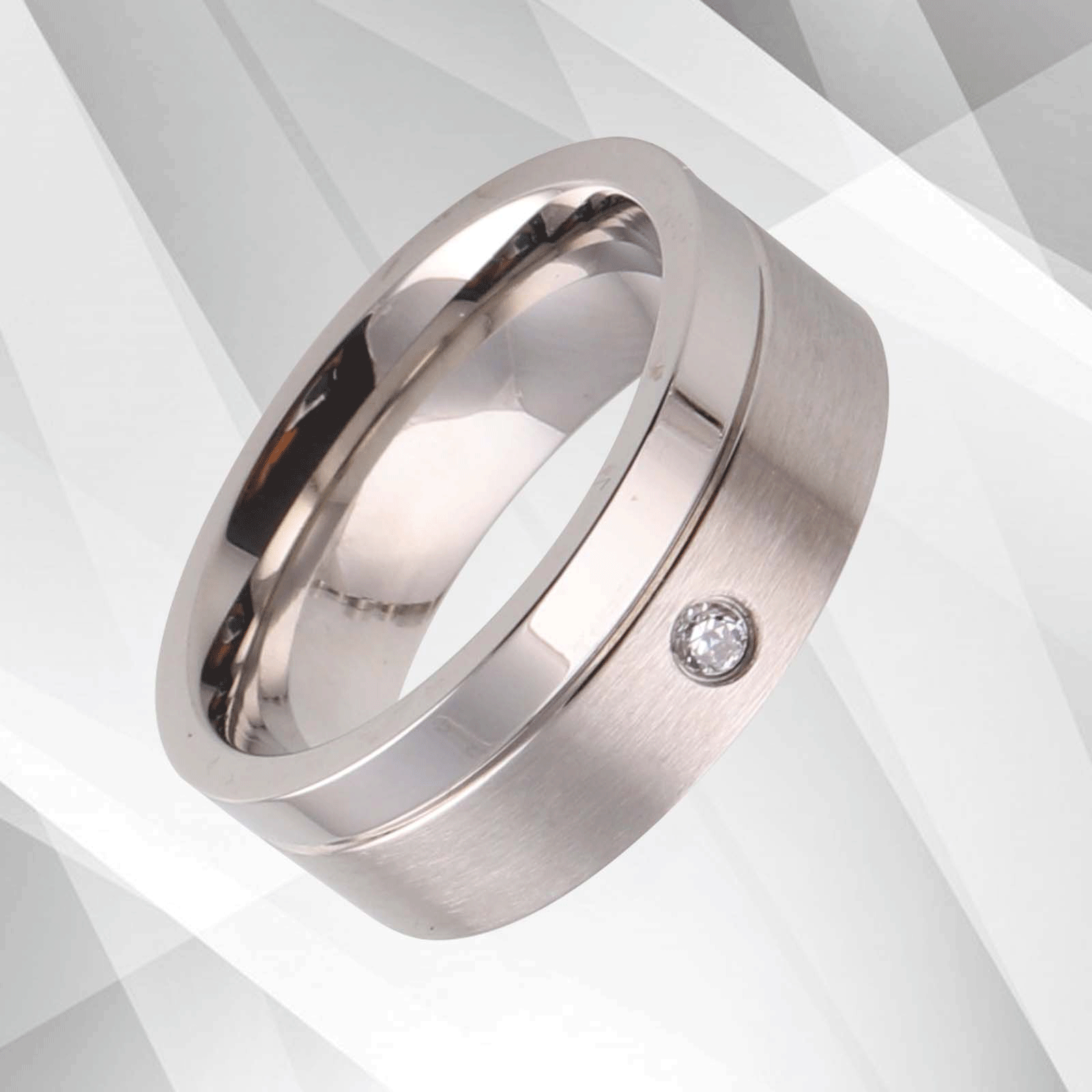 7mm titanium wedding band with 0.35Ct CZ diamonds, featuring a brushed finish and 18Ct white gold plating.