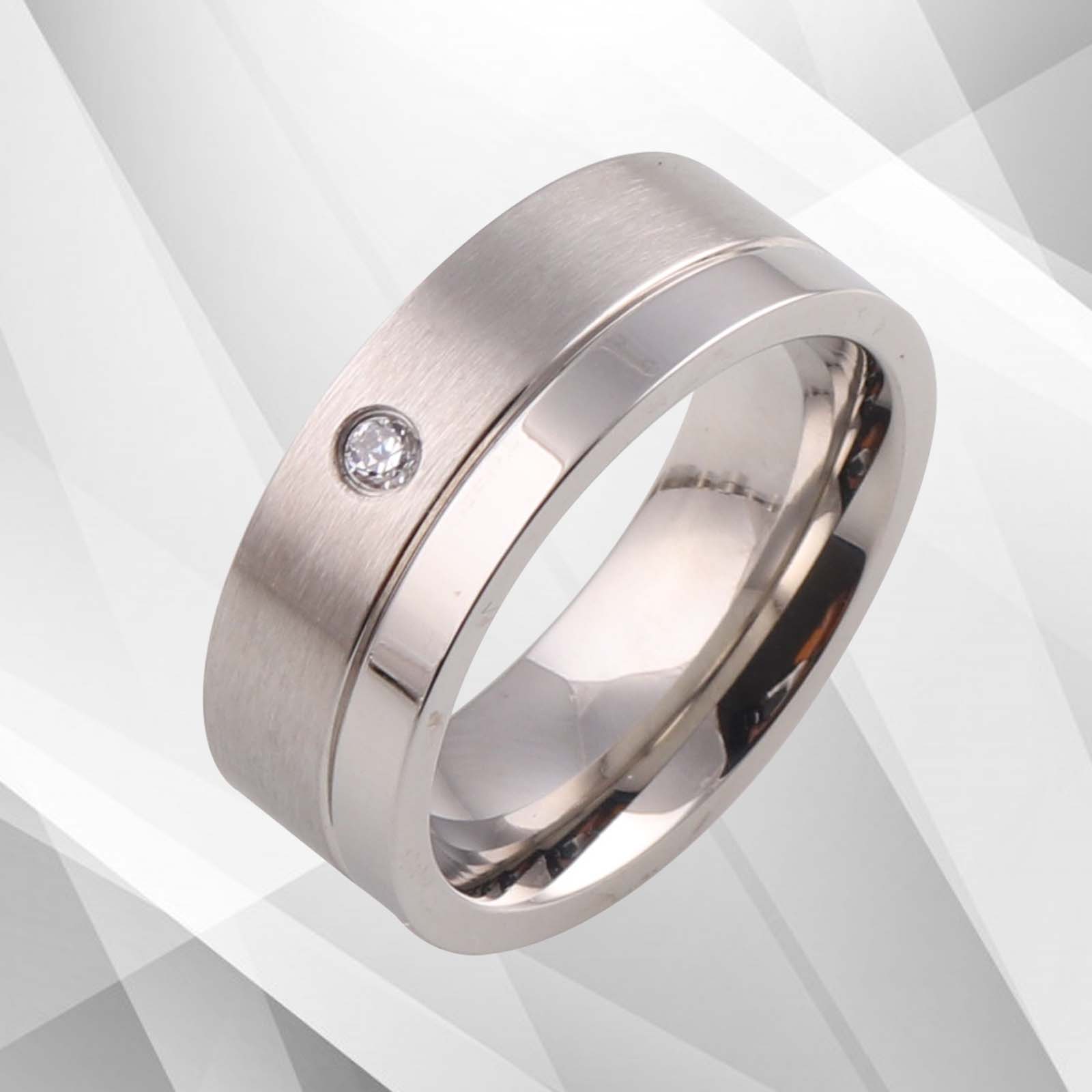 7mm titanium wedding band with 0.35Ct CZ diamonds, featuring a brushed finish and 18Ct white gold plating.