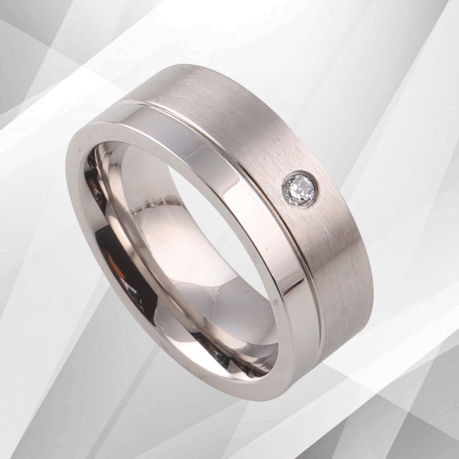 7mm titanium wedding band with 0.35Ct CZ diamonds, featuring a brushed finish and 18Ct white gold plating.