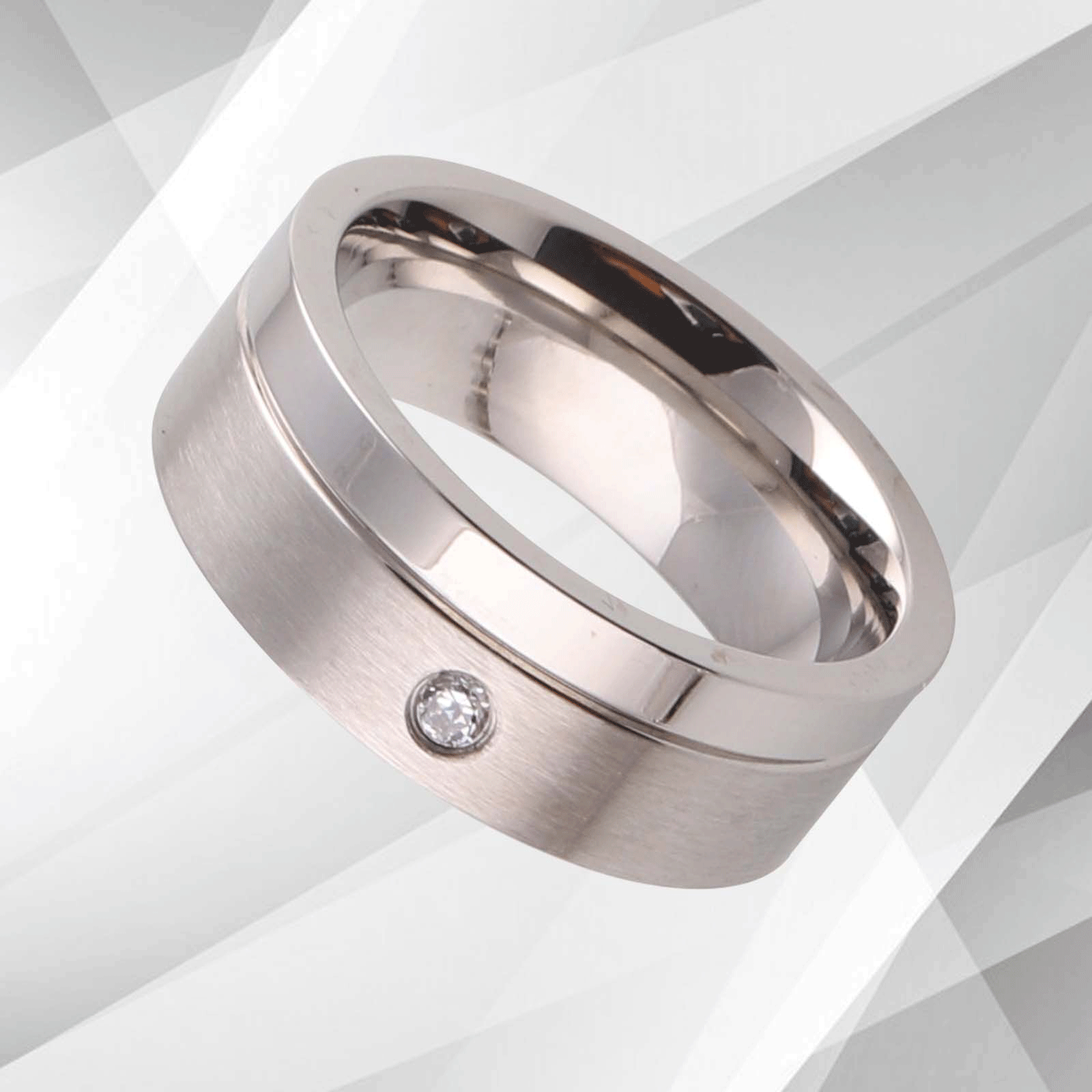 7mm titanium wedding band with 0.35Ct CZ diamonds, featuring a brushed finish and 18Ct white gold plating.