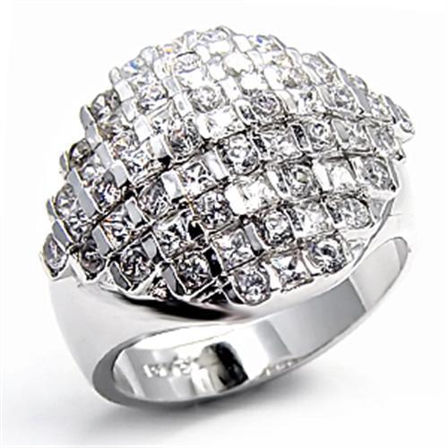 7X004 Rhodium Brass Ring featuring a clear AAA Grade CZ center stone, elegantly designed for versatile wear.