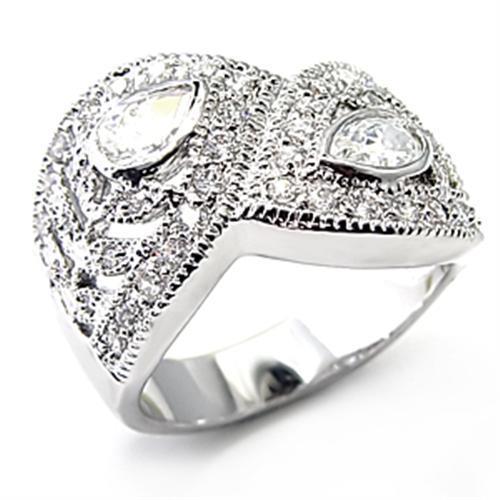 7X083 Rhodium Brass Ring featuring a clear AAA Grade CZ stone, showcasing its elegant design and shiny finish.