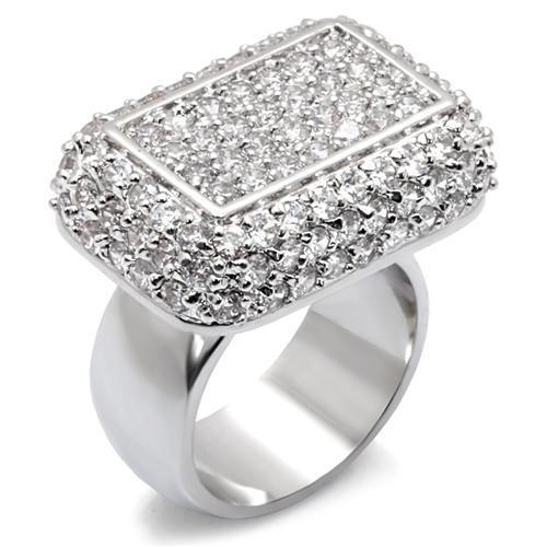 7X099 Rhodium Brass Ring featuring a clear AAA Grade CZ stone, showcasing its elegant design and luxurious finish.