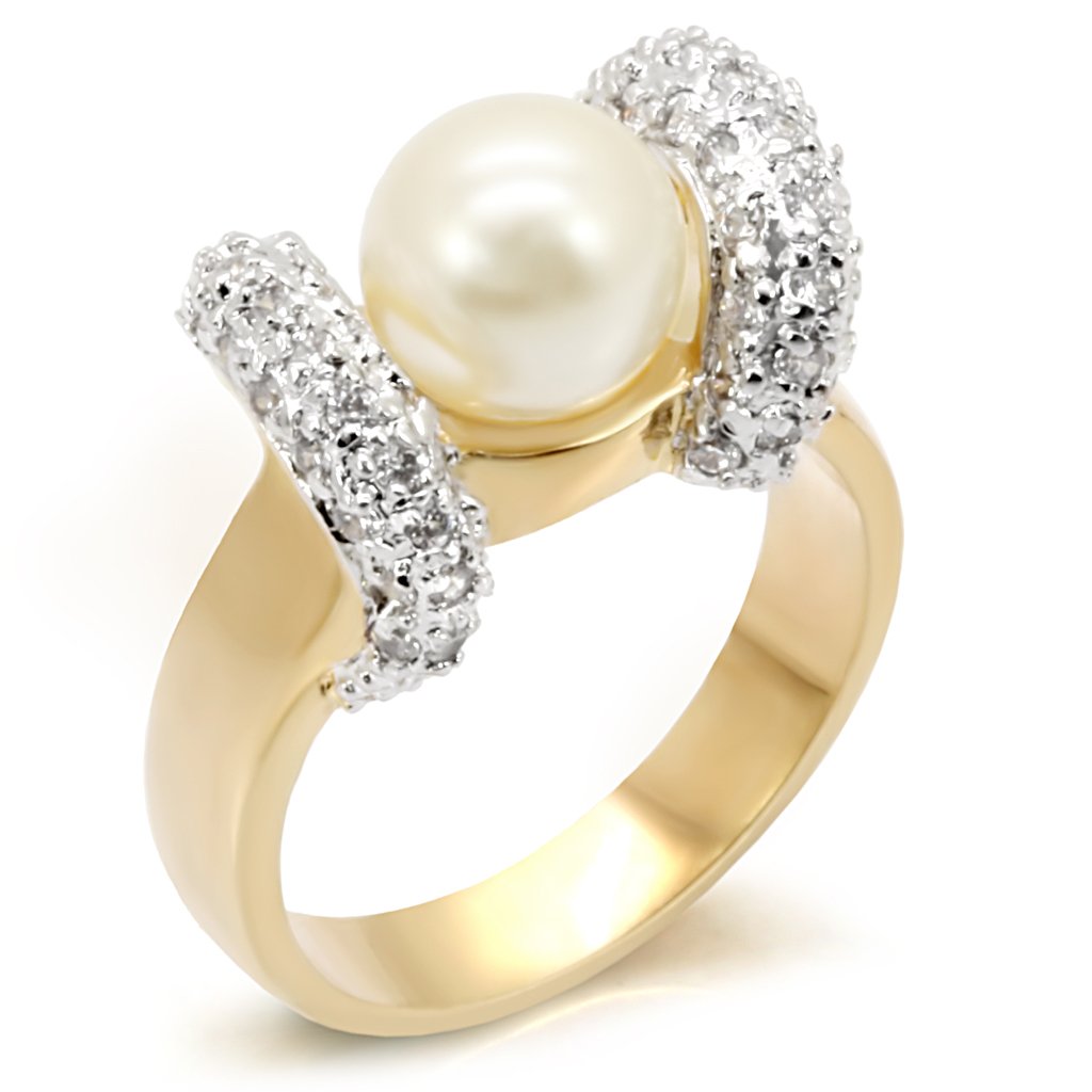 Elegant Gold and Rhodium Brass Ring featuring a white synthetic pearl, showcasing a luxurious design perfect for any occasion.