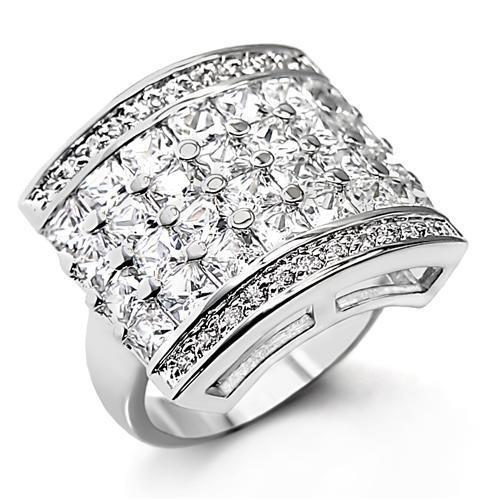 7X146 Rhodium Brass Ring featuring a clear AAA Grade CZ stone, showcasing its elegant design and shiny finish.