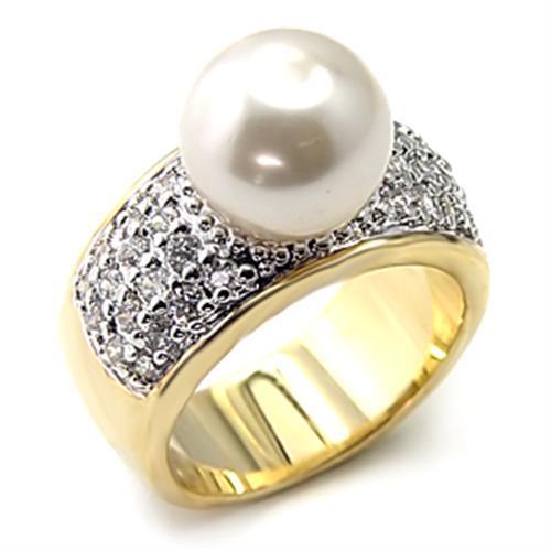 7X209 Gold and Rhodium 925 Sterling Silver Ring featuring a 10mm white synthetic pearl centerpiece, elegantly designed for any occasion.