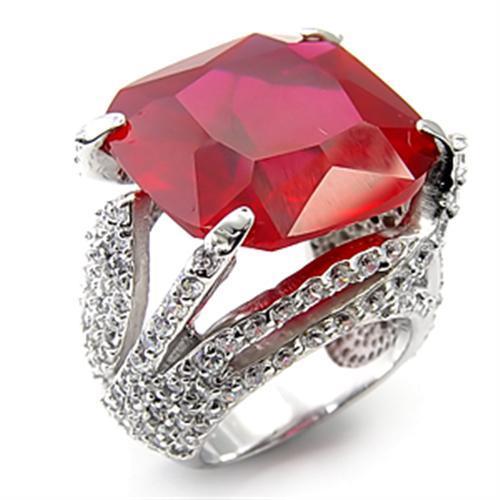 7X251 Rhodium 925 Sterling Silver Ring featuring a synthetic garnet stone in ruby color, elegantly designed for a luxurious look.