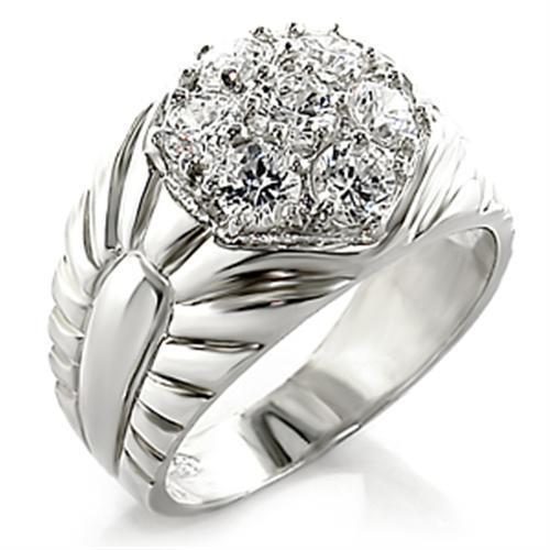 7X310 Rhodium Brass Ring featuring a clear AAA Grade CZ stone, showcasing its elegant design and luxurious finish.