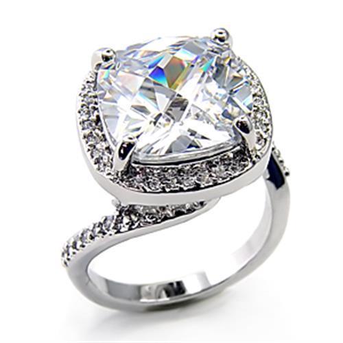 7X342 Rhodium Brass Ring featuring a clear AAA Grade CZ stone, showcasing its elegant design and luxurious finish.