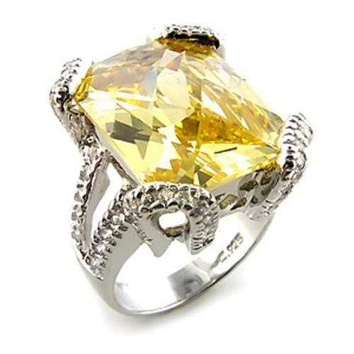 Rhodium 925 Sterling Silver Ring featuring AAA Grade CZ in Citrine yellow, showcasing its elegant design and vibrant gemstone.