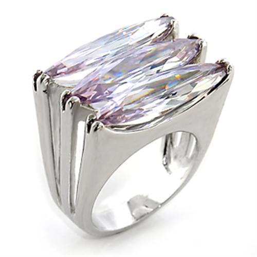 Rhodium brass ring featuring a large AAA grade CZ stone in light amethyst, showcasing its elegant design and shiny finish.