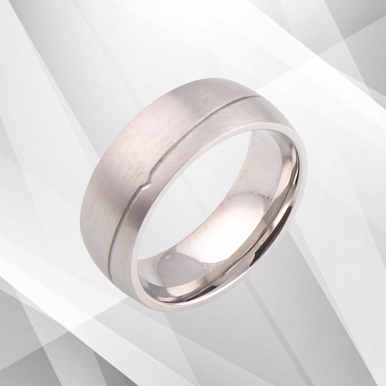 8mm contemporary men's wedding ring made of tungsten carbide with 18Ct white gold finish, showcasing a brushed and sparkling design.