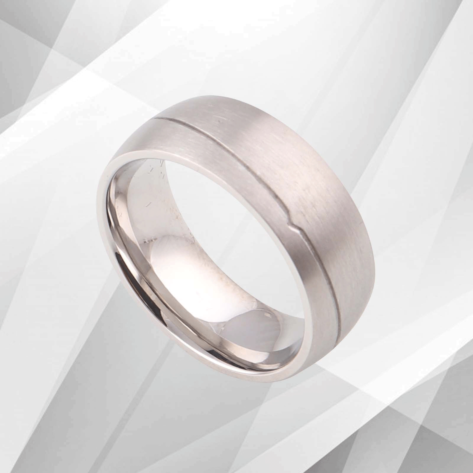 8mm contemporary men's wedding ring made of tungsten carbide with 18Ct white gold finish, showcasing a brushed and sparkling design.