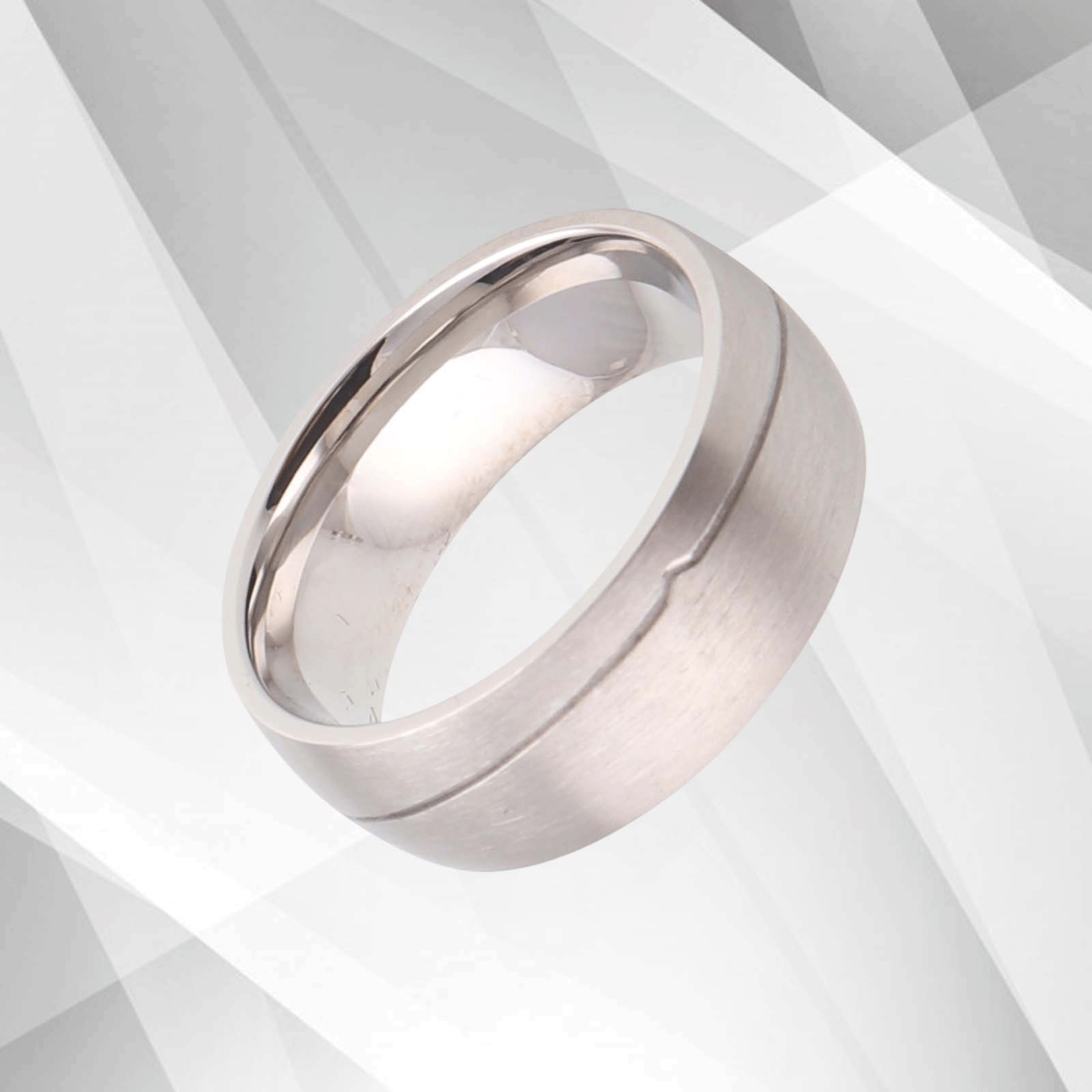 8mm contemporary men's wedding ring made of tungsten carbide with 18Ct white gold finish, showcasing a brushed and sparkling design.