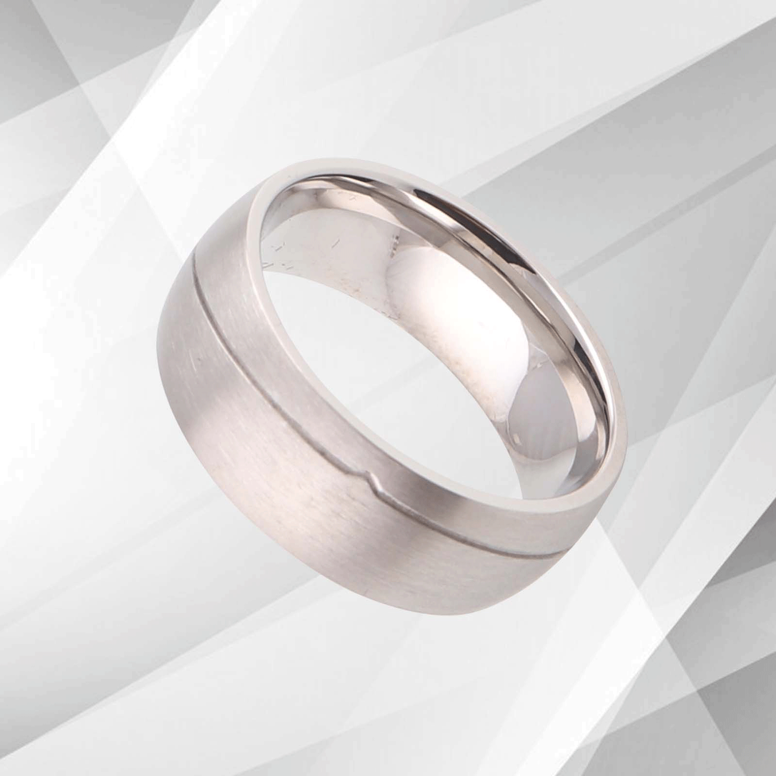 8mm contemporary men's wedding ring made of tungsten carbide with 18Ct white gold finish, showcasing a brushed and sparkling design.