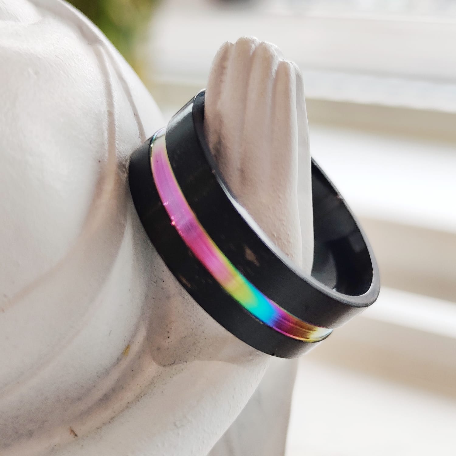 8mm Stainless Steel Unicorn Rainbow Unisex Thumb Band Ring showcasing a silver finish with colorful unicorn hues, perfect for both men and women.