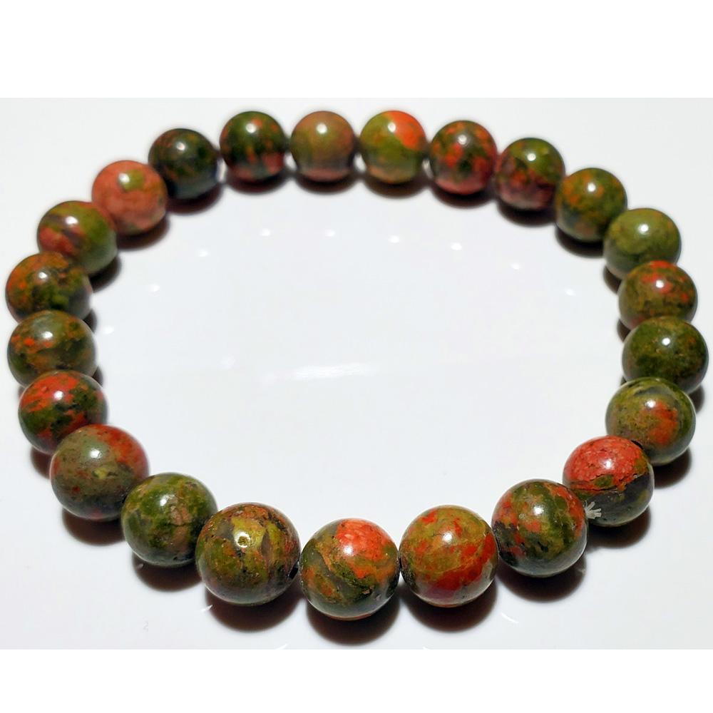 8mm Unakite Beaded Elastic Stretch Bracelet featuring round green and pink beads, handmade with a smooth finish for everyday wear.