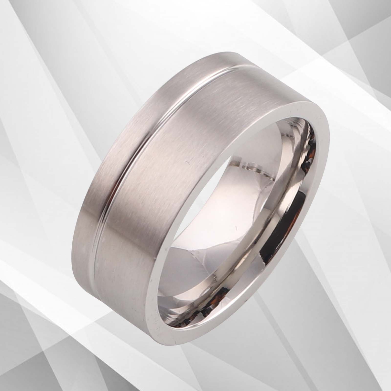 8mm Wide Men's Flat Titanium Wedding Band with 18Ct White Gold Finish, showcasing a brushed texture and comfort fit design.