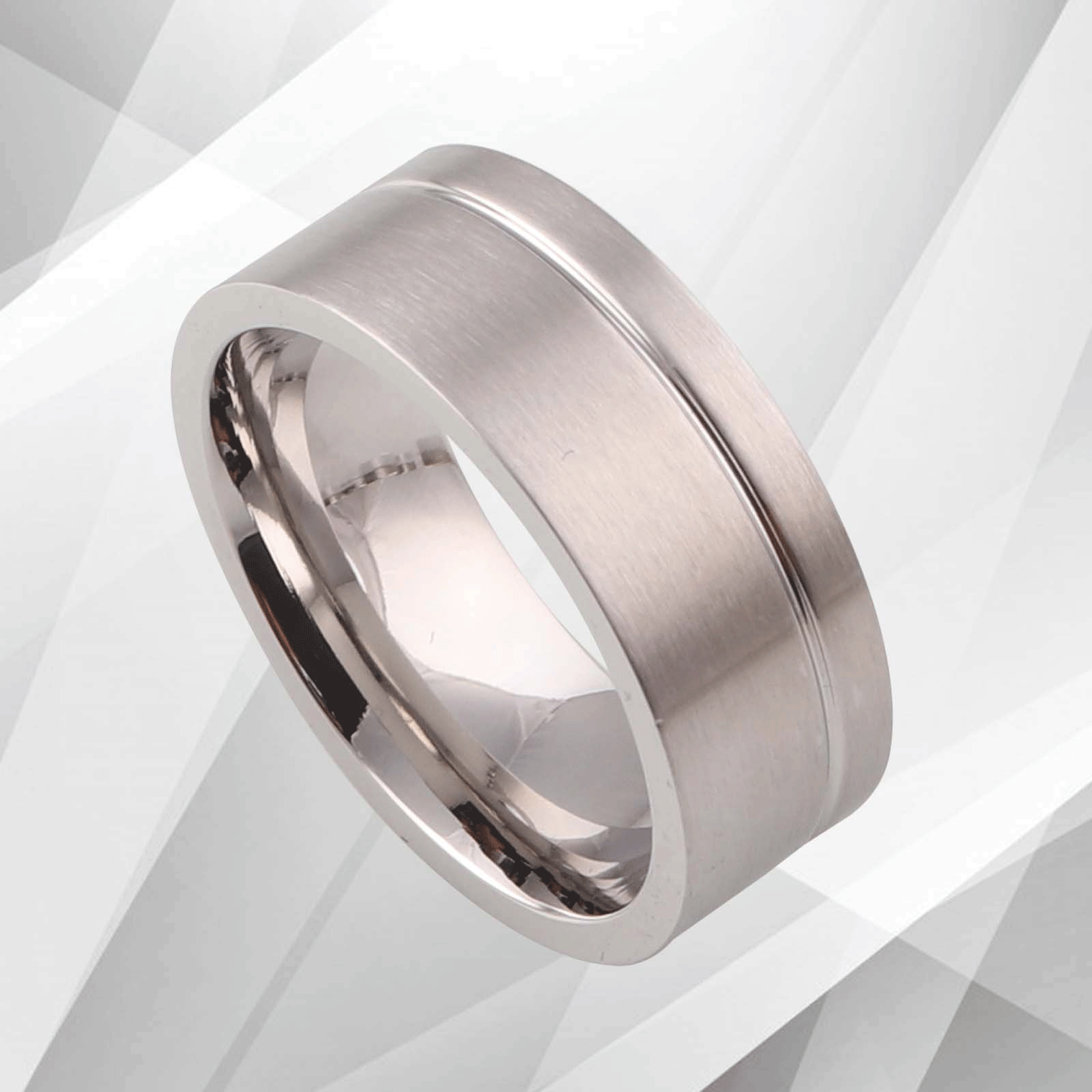 8mm Wide Men's Flat Titanium Wedding Band with 18Ct White Gold Finish, showcasing a brushed texture and comfort fit design.