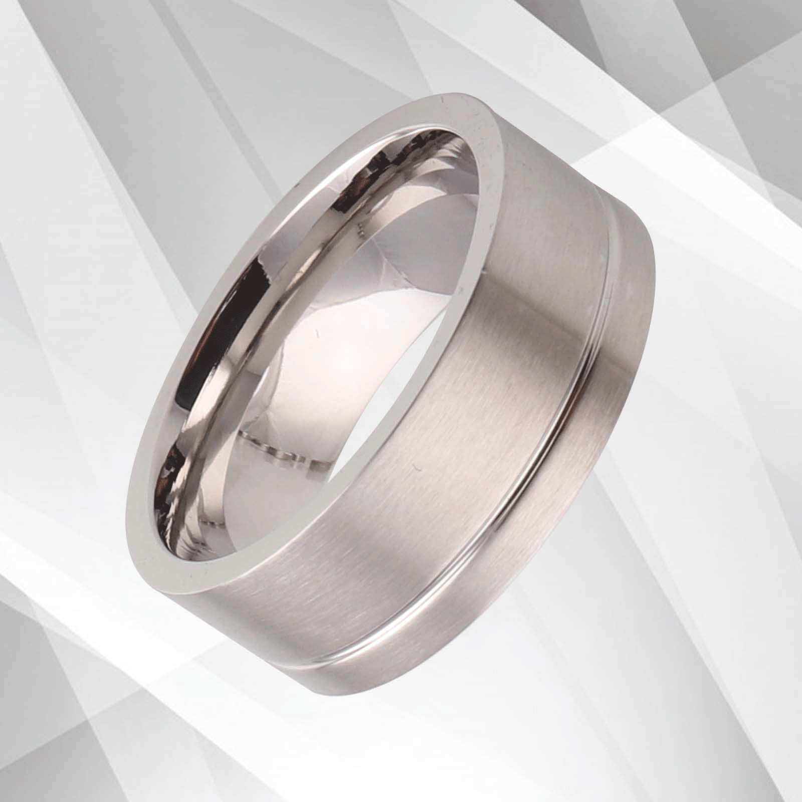 8mm Wide Men's Flat Titanium Wedding Band with 18Ct White Gold Finish, showcasing a brushed texture and comfort fit design.