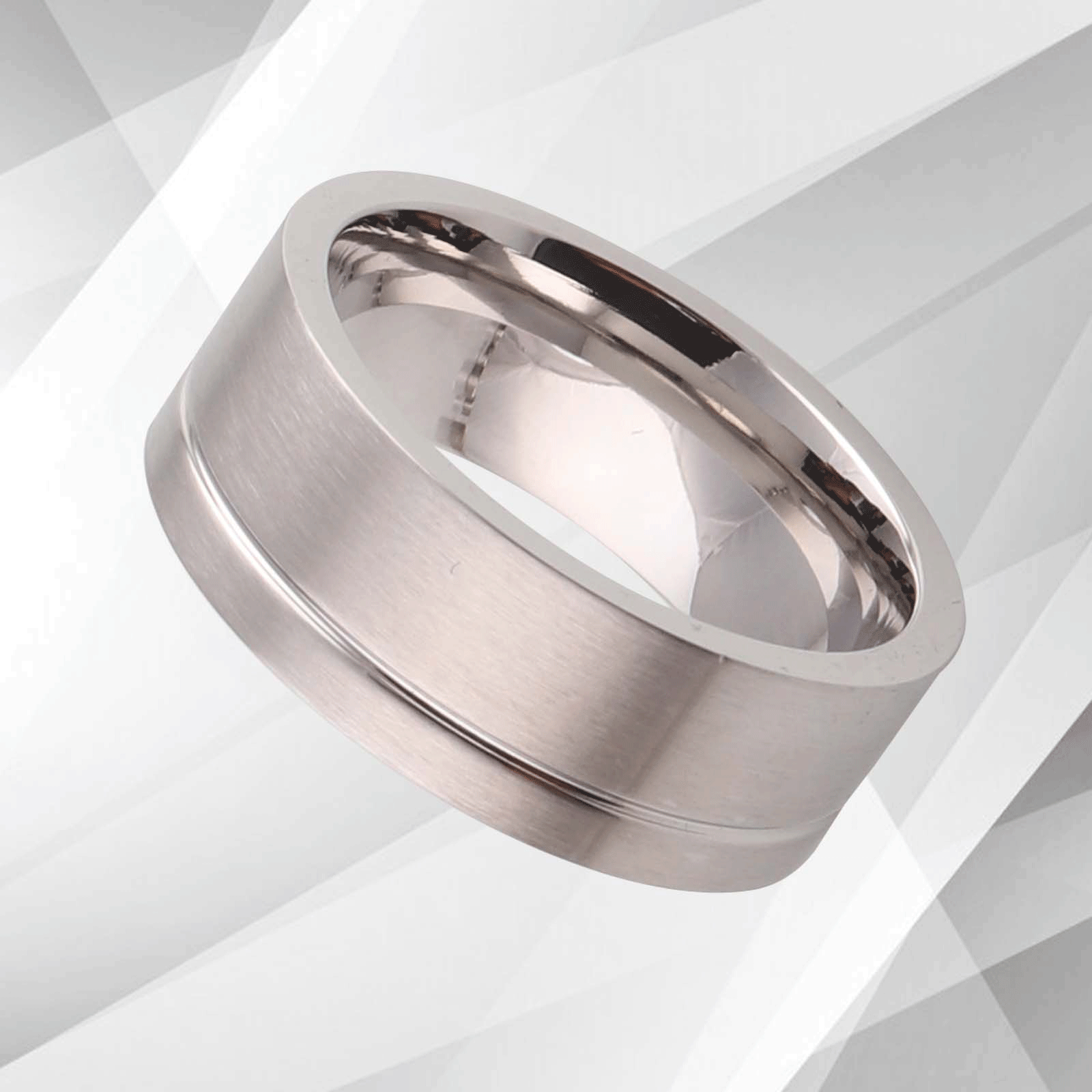 8mm Wide Men's Flat Titanium Wedding Band with 18Ct White Gold Finish, showcasing a brushed texture and comfort fit design.