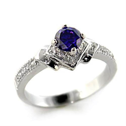 8X006 Rhodium 925 Sterling Silver Ring featuring AAA Grade CZ in tanzanite color, showcasing its elegant design and high-quality craftsmanship.