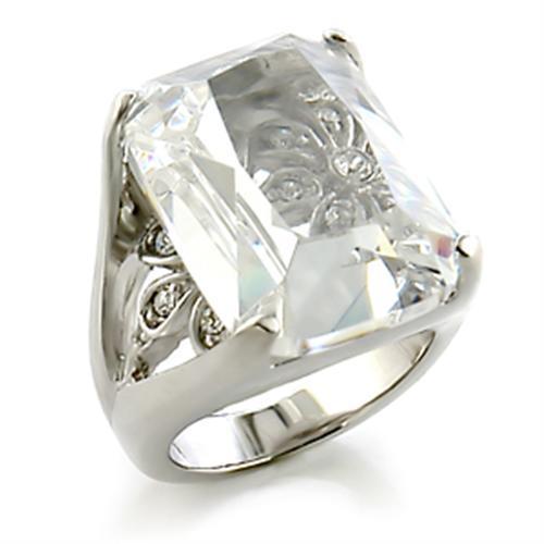 8X153 Rhodium Brass Ring featuring a clear AAA Grade CZ center stone, showcasing its elegant design and shiny finish.